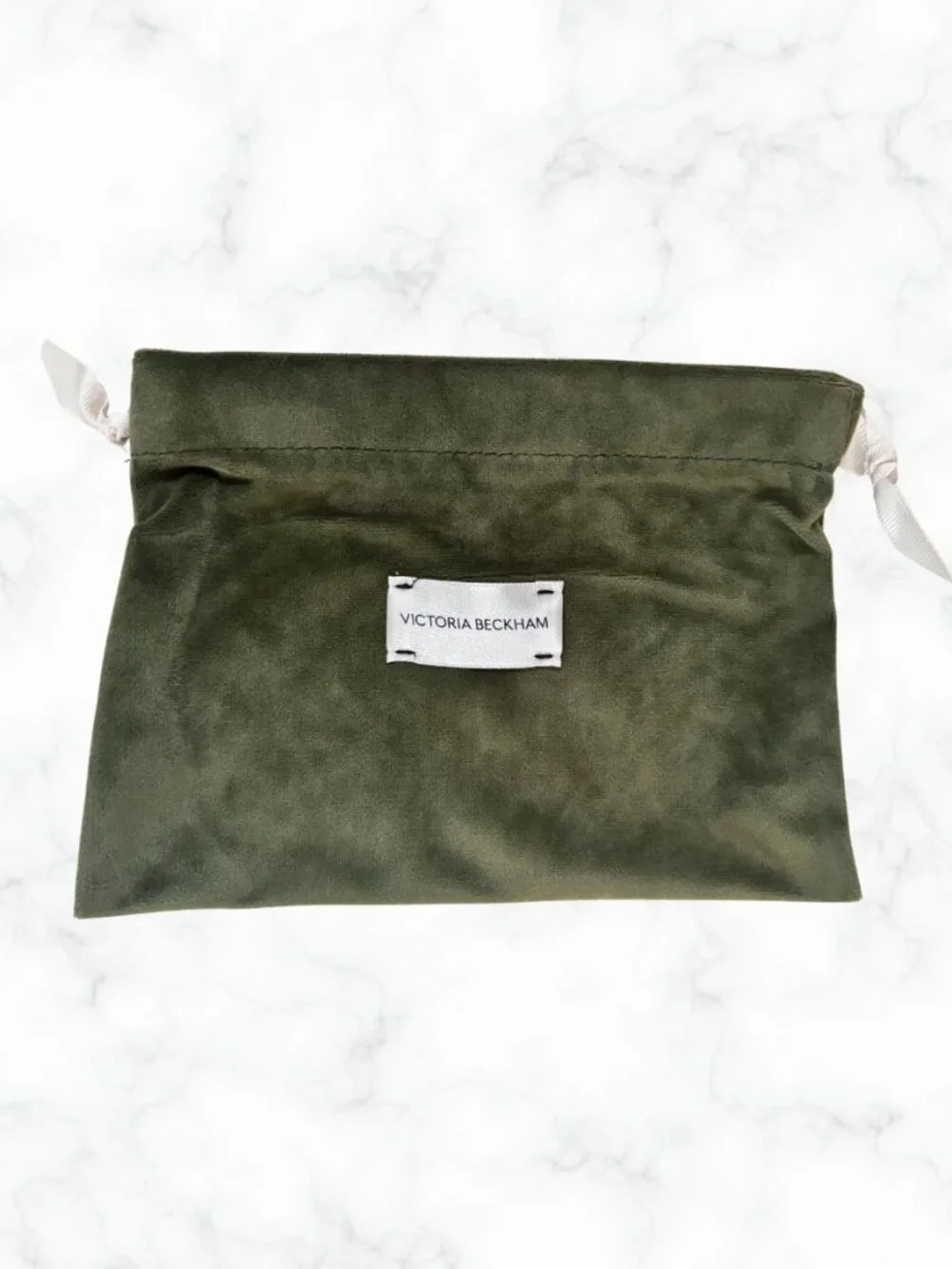 NWOT | VICTORIA BECKHAM Olive Velvet Drawstring Bag Clutch with Cream Straps